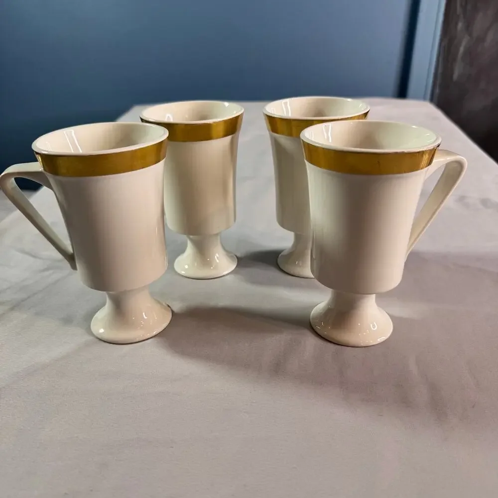 Set of 4 Ernest Sohn Creations White Pedestal Mugs Gold Rim Coffee Cups USA